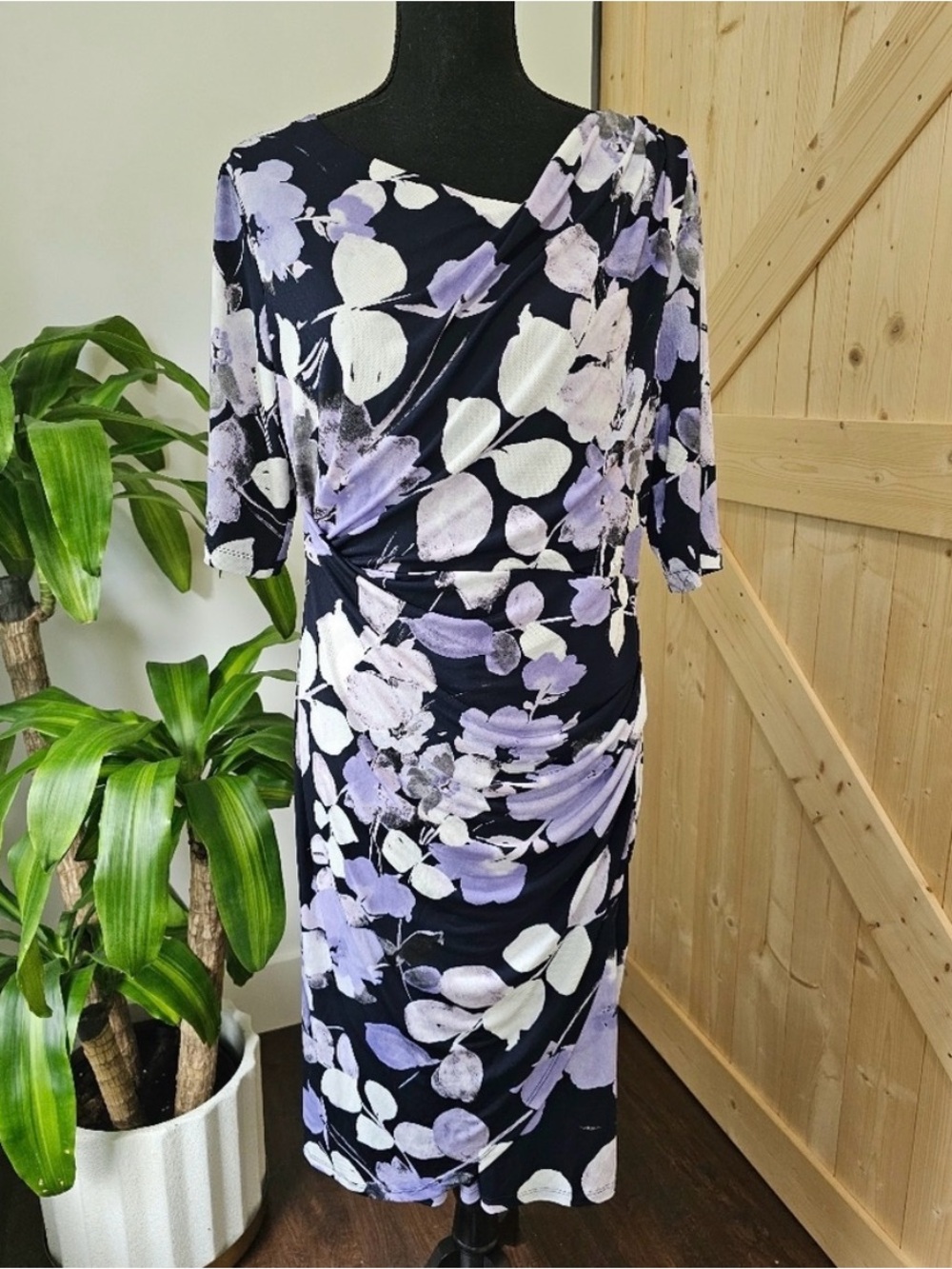 CONNECTED APPAREL Navy with Lavender Abstract Floral Design with Side Gather - Picture 8 of 8